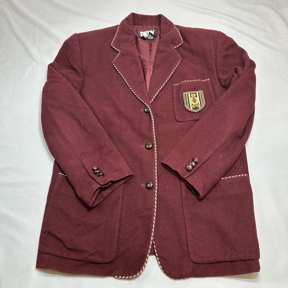 Vintage DKNY Blazer Womens 8 Red Wool Angora Crest Piped Hong Kong 90s Preppy